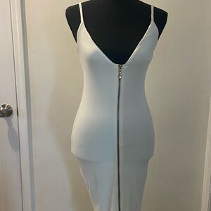 Naked Wardrobe White Plunge Front Dress with Gold Zipper
